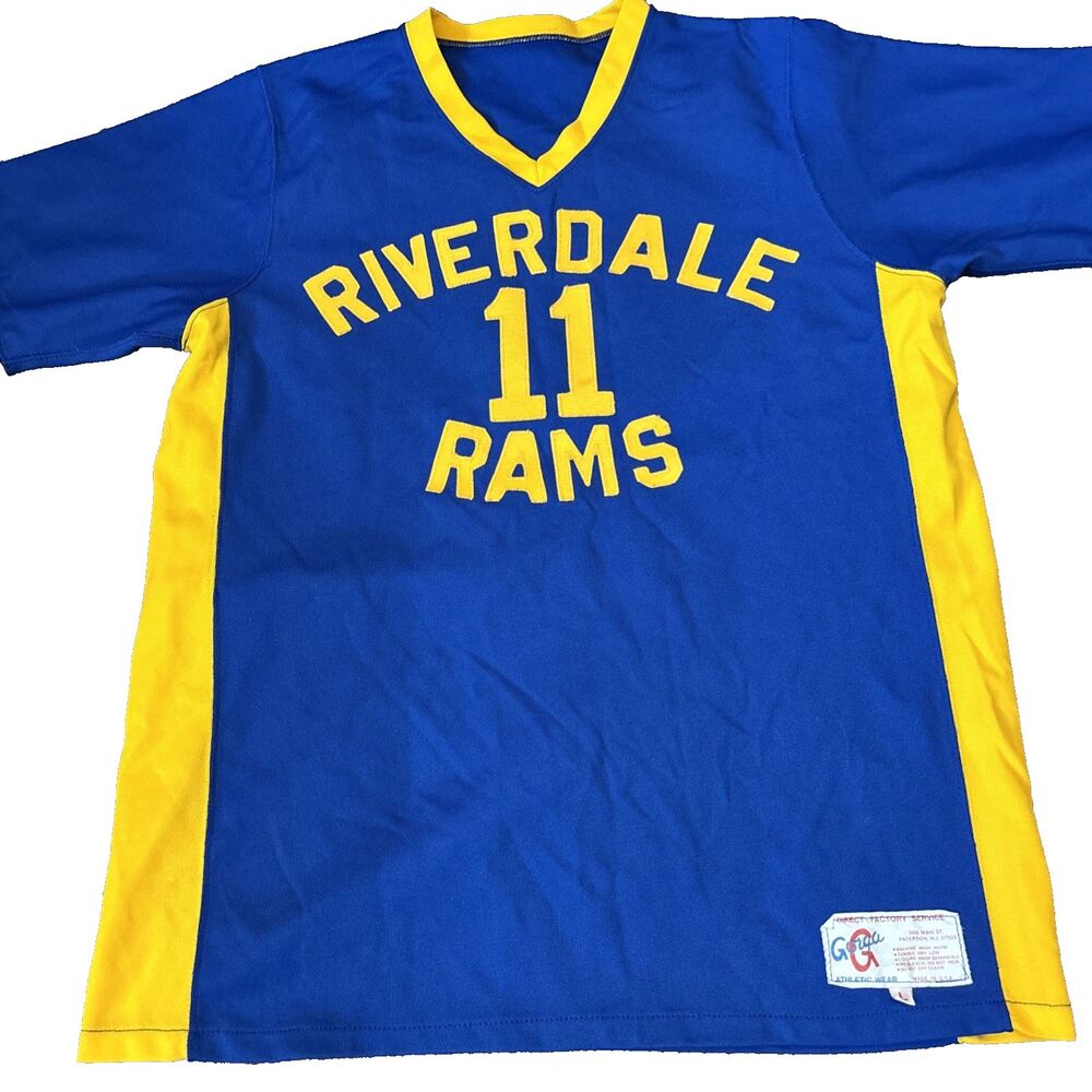 Vintage Gorga Tag - Riverdale Rams 11 Blue Yellow Jersey Size L USA NJ Polyblend